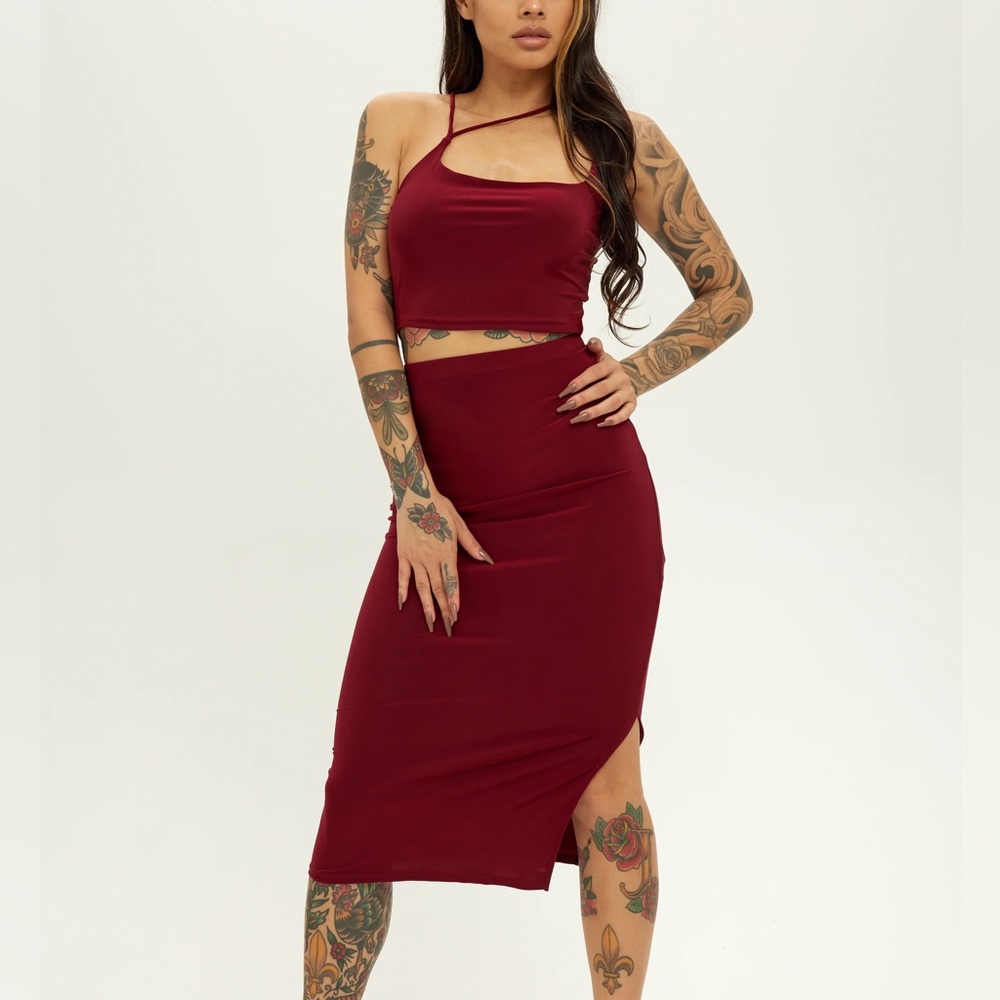 Burgundy Wine Red Crop Top Midi Skirt Set